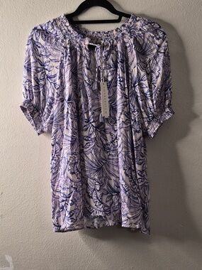 lovestitch Blue and Purple  Floral Drawstring Peasant Blouse